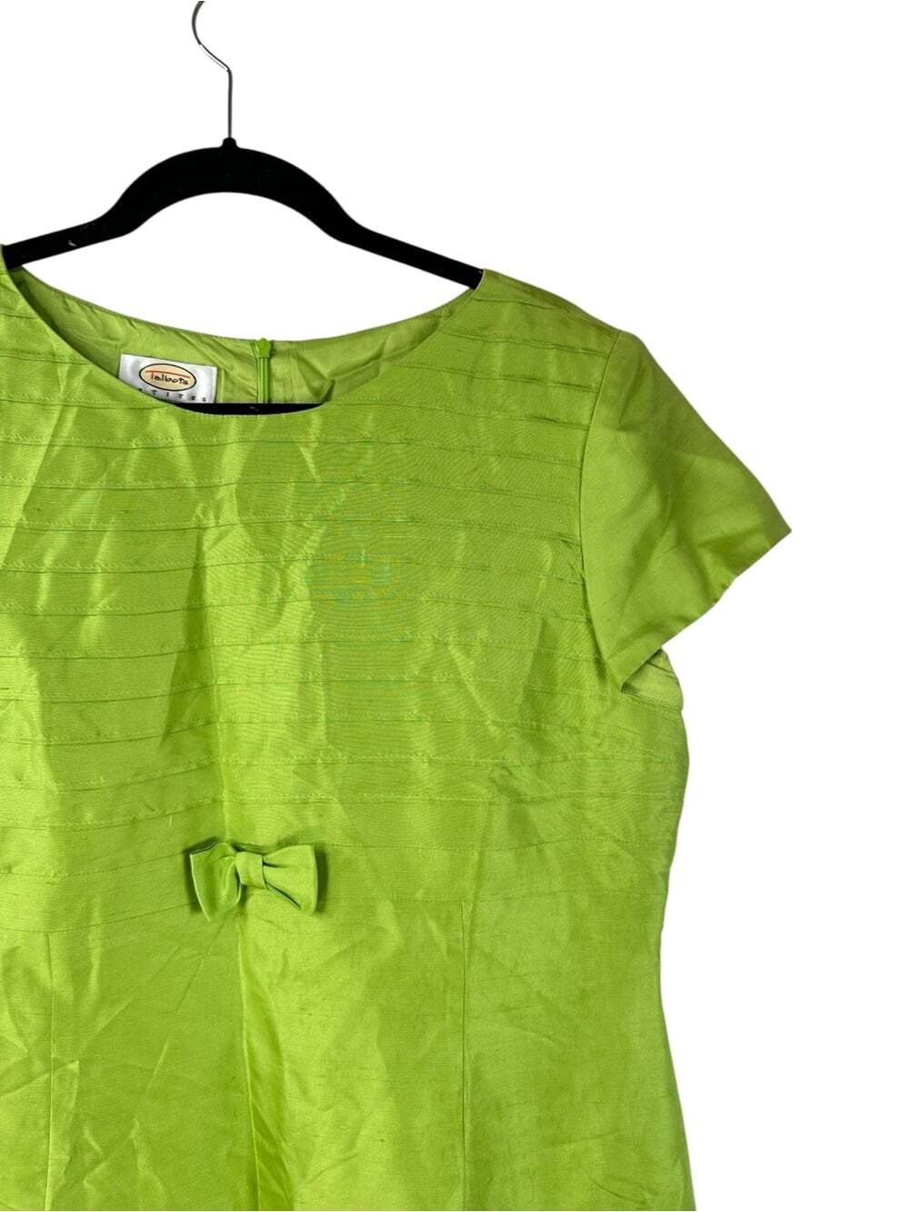 Talbots 100% Silk Sheath Dress 14P Chartreuse Green Bow Waist Petite Cocktail - Picture 4 of 16